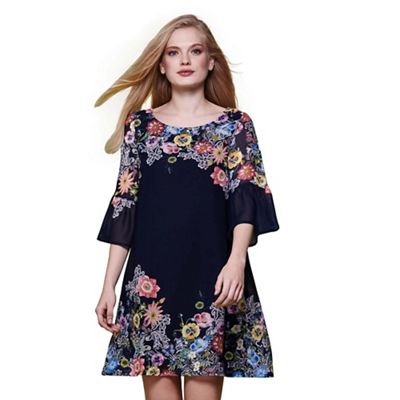 Blue floral print flared sleeve tunic dress
